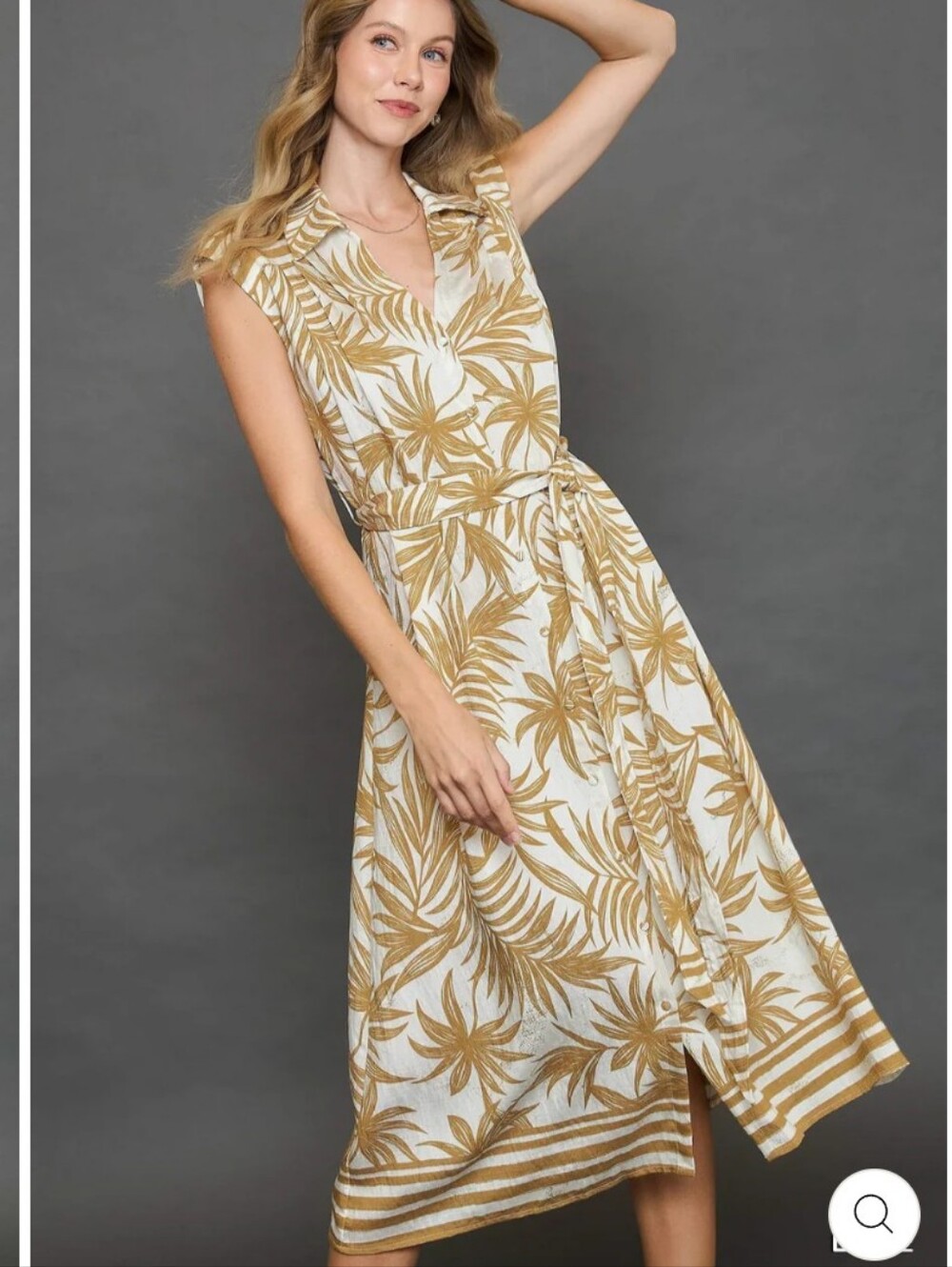 Umgee Tropical Print Button Down Midi Dress Cream Latte Size Small
